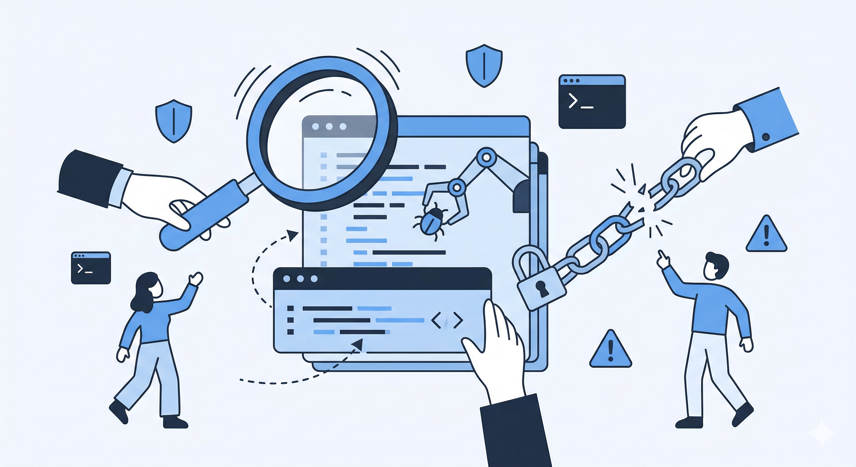 Flat vector illustration of hands examining code with magnifying glass, extracting bugs, and breaking security chains